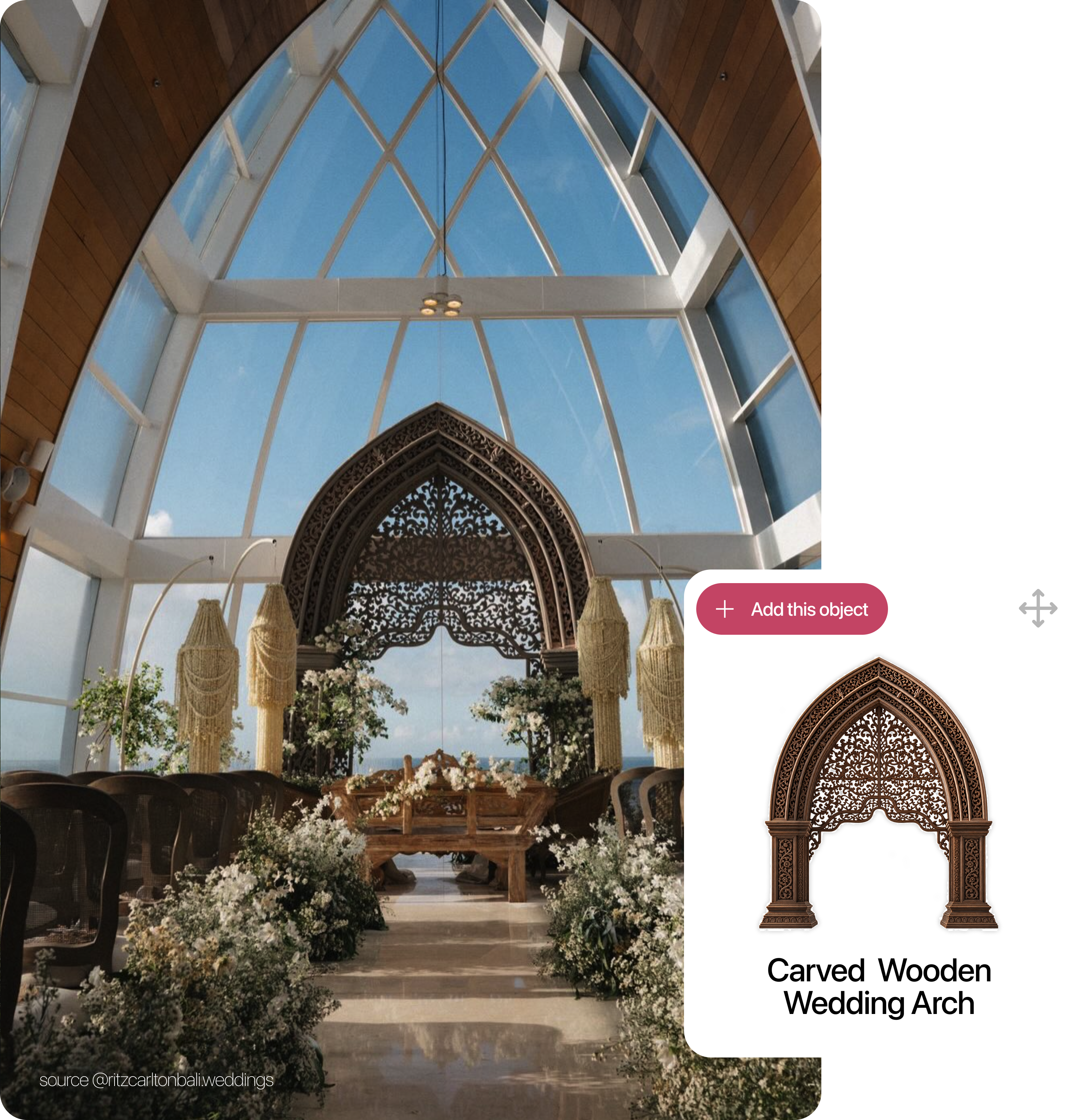 Glass chapel venue with a carved wooden wedding arch overlay