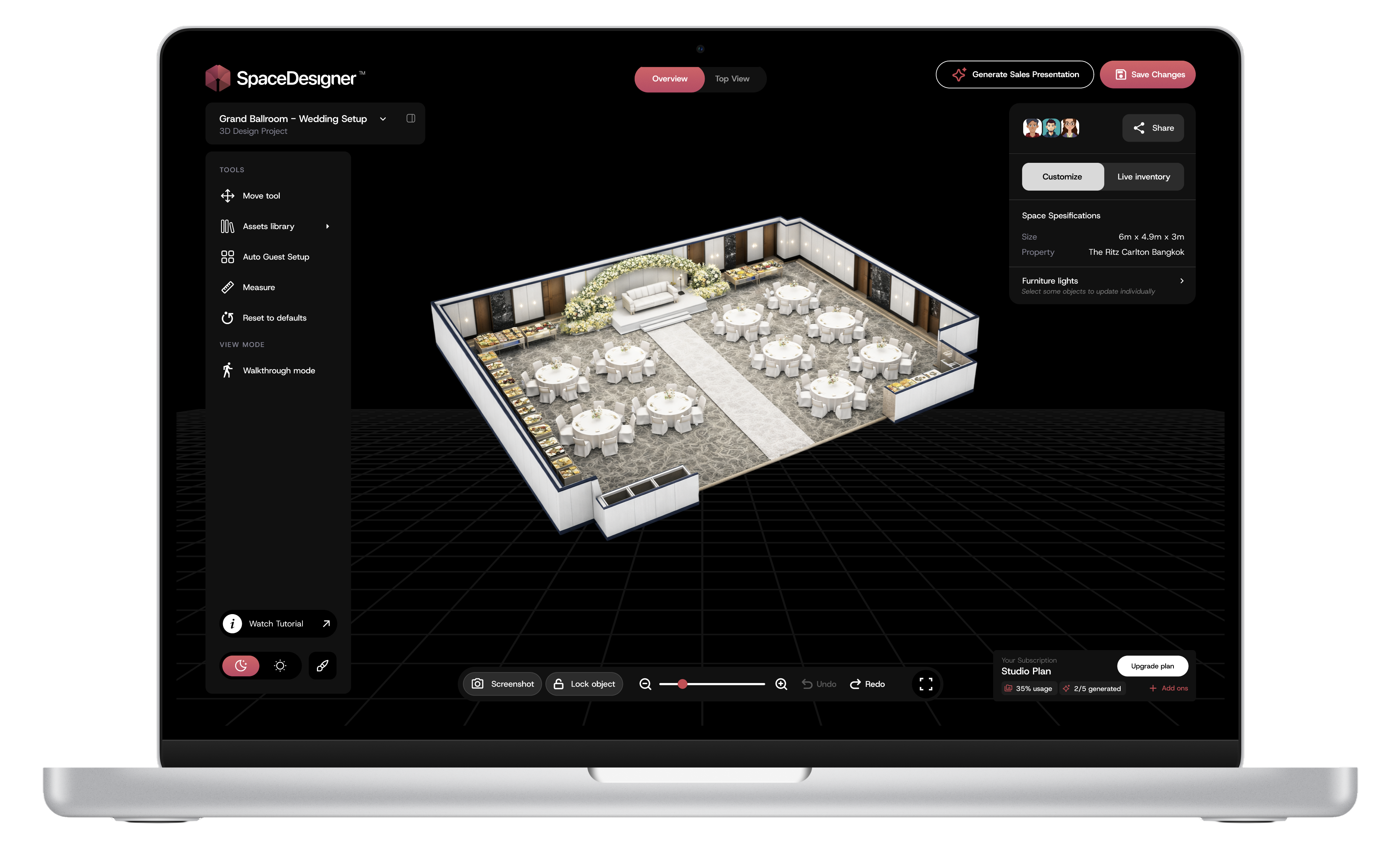 Space Designer 3D editor shown on a laptop staging a wedding ballroom