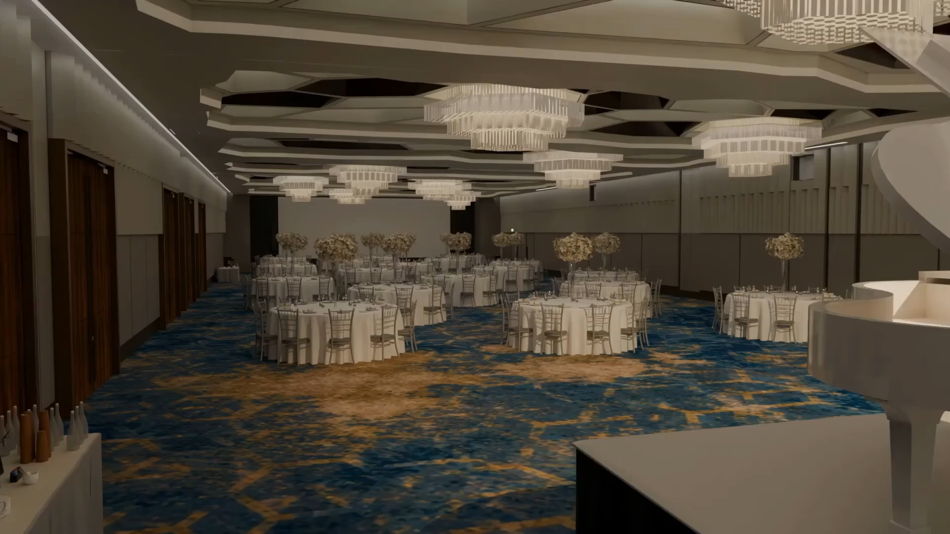 Cinematic flythrough of a banquet hall